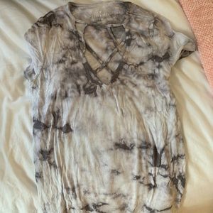 gray and white tie dye t shirt with cross top